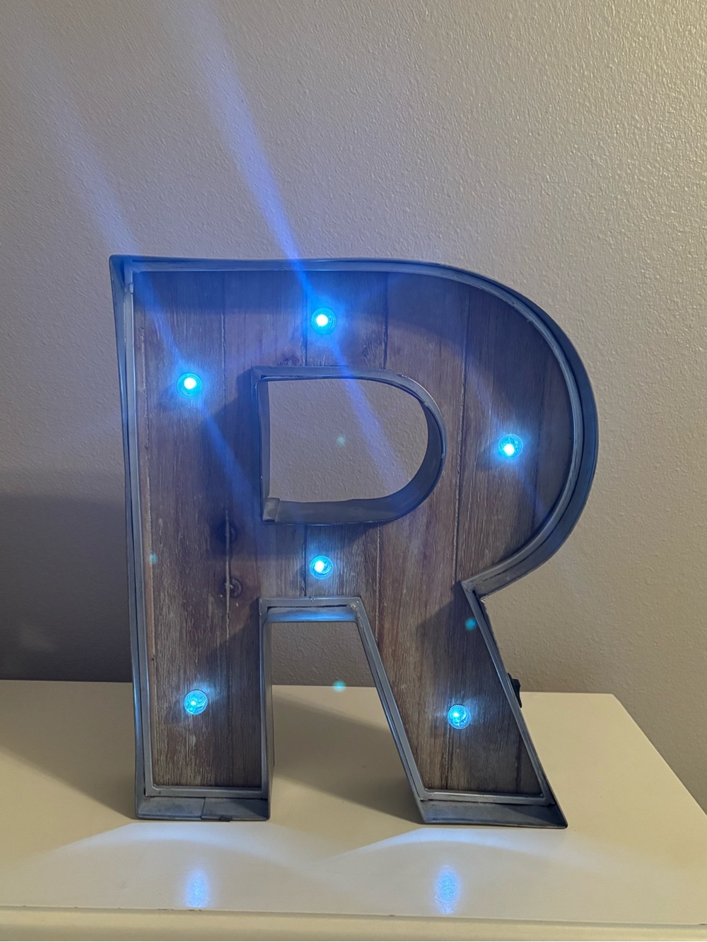 Light-Up Letter R Accent Decor in Wood and Metal with lights